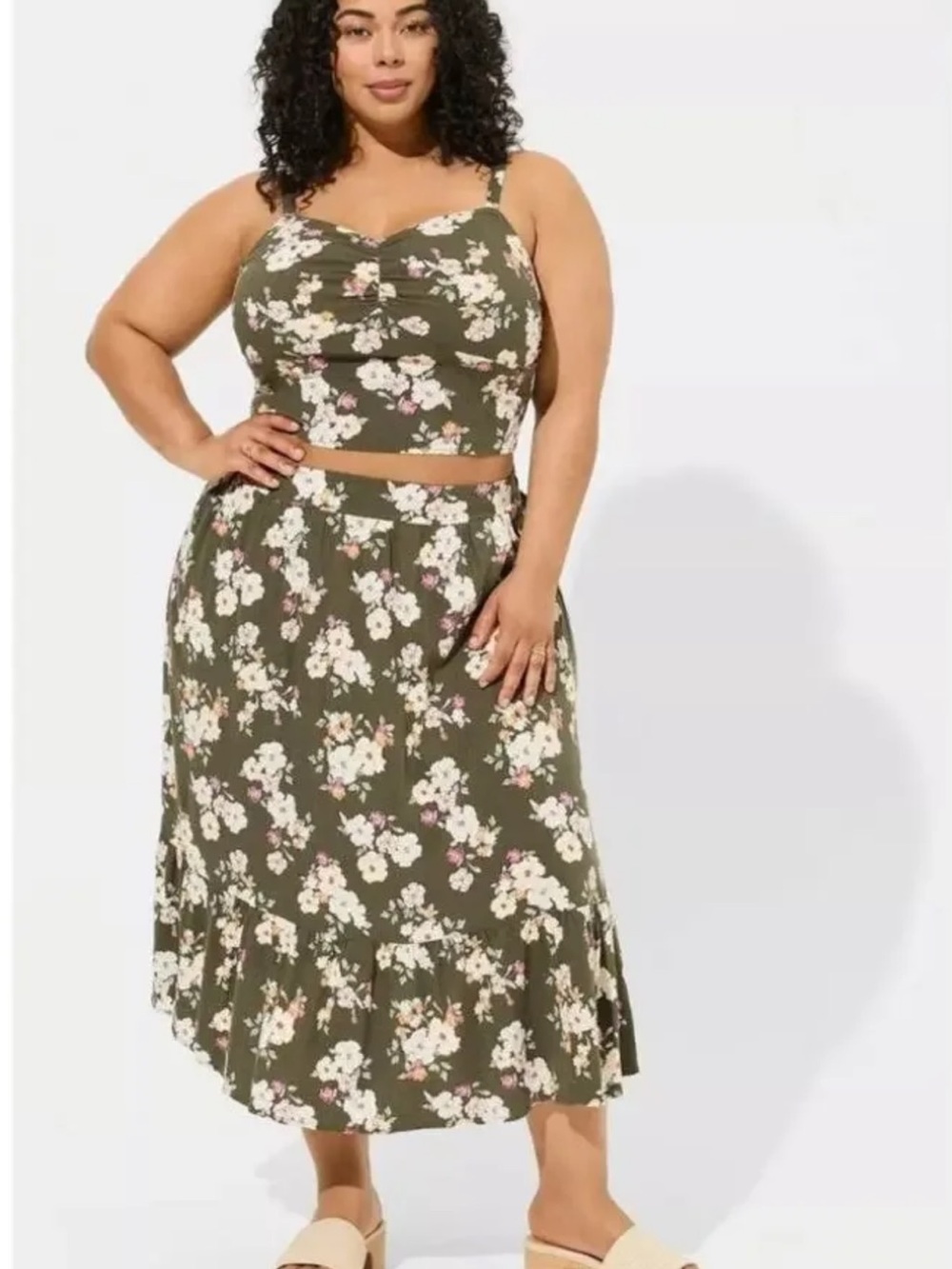 Torrid Olive Floral Camisole with Pink and Orange Blooms